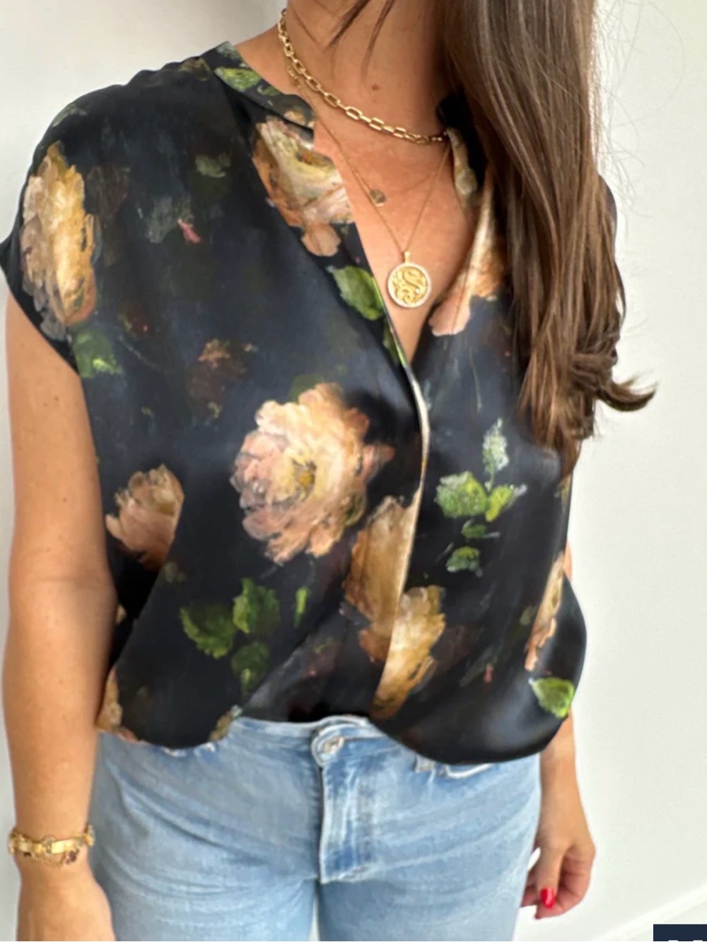 Vince Black Floral Button-Down Blouse with Cream Roses - Picture 3 of 6